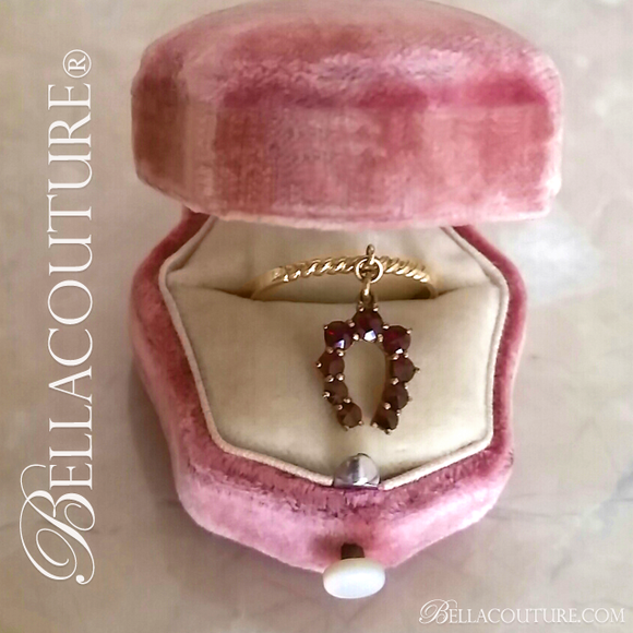 SOLD! - (ANTIQUE) Rare Gorgeous Victorian 14K 14CT Yellow Gold Natural Rose Cut Garnet Gemstone Dainty Horseshoe Good Luck Dangle Drop Charm Ring c. 1838 One of a Kind Fine Jewelry