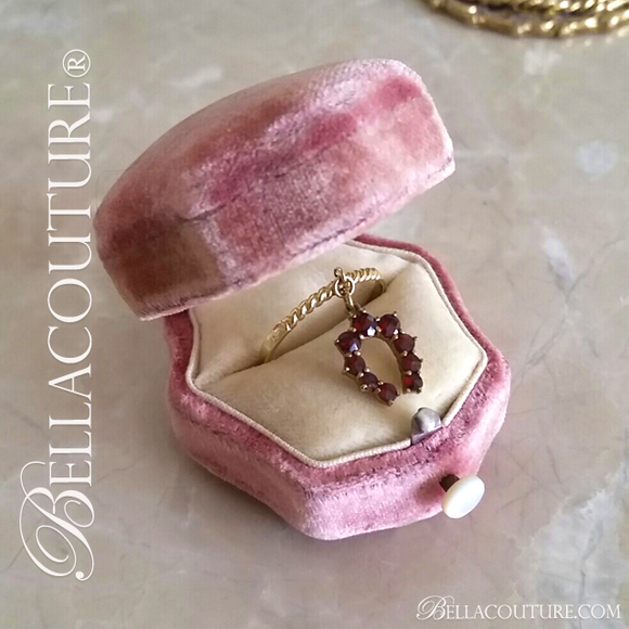 SOLD! - (ANTIQUE) Rare Gorgeous Victorian 14K 14CT Yellow Gold Natural Rose Cut Garnet Gemstone Dainty Horseshoe Good Luck Dangle Drop Charm Ring c. 1838 One of a Kind Fine Jewelry