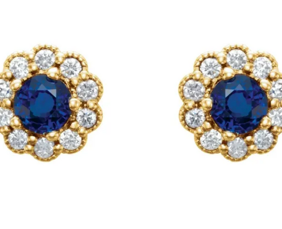 (NEW) BELLA COUTURE® BEVERLY GENUINE SAPPHIRE 14K YELLOW GOLD ROUND DIAMOND HALO EARRINGS (1/6 CT. TW.)