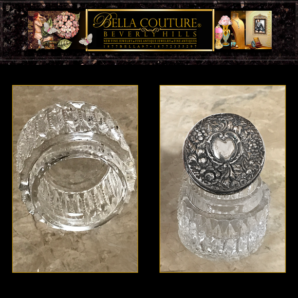 SOLD! - (ANTIQUE) RARE VICTORIAN EMBOSSED HEART ROSES FLOWERS GARLAND STERLING SILVER ETCHED CRYSTAL / GLASS REPOUSSE VANITY JAR
