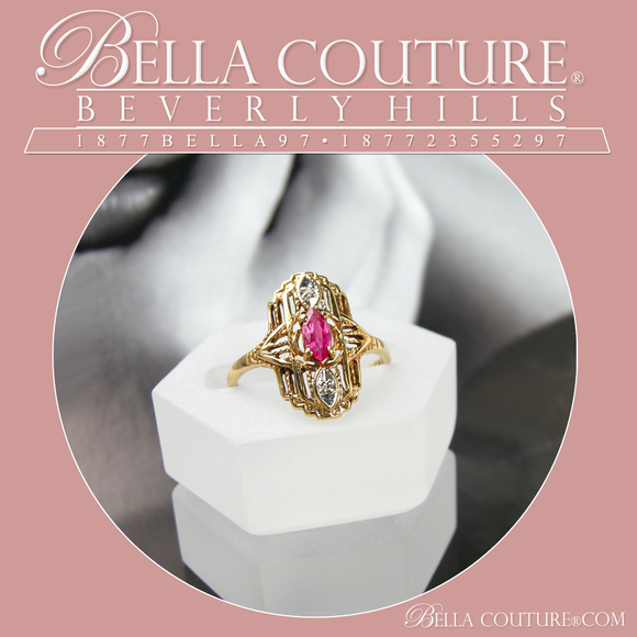SOLD! - (ANTIQUE) ANTIQUE VICTORIAN RUBY DIAMOND YELLOW GOLD MARQUISE 10K RING - SIZE 6