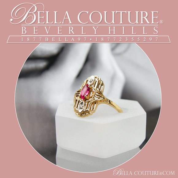 SOLD! - (ANTIQUE) ANTIQUE VICTORIAN RUBY DIAMOND YELLOW GOLD MARQUISE 10K RING - SIZE 6