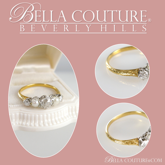 SOLD! - (ANTIQUE) VICTORIAN ANTIQUE .75 CT DIAMOND 14K YELLOW & WHITE GOLD NATURAL PEARL ENGAGEMENT ANNIVERSARY RING BAND - SIZE 6