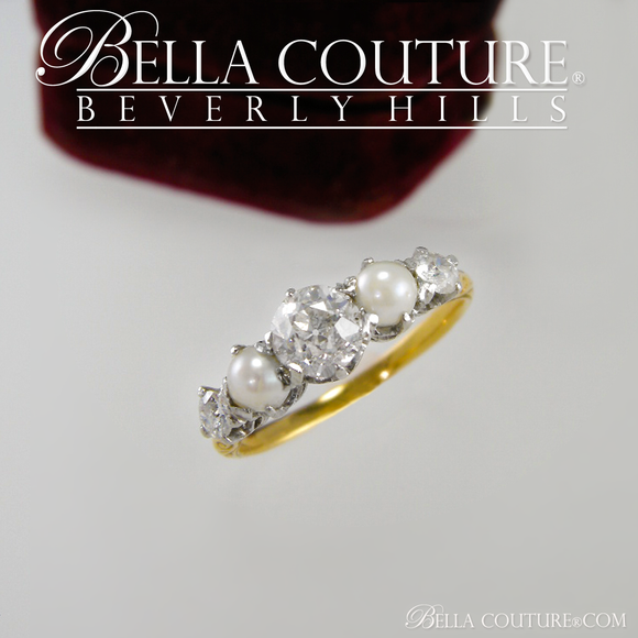 SOLD! - (ANTIQUE) VICTORIAN ANTIQUE .75 CT DIAMOND 14K YELLOW & WHITE GOLD NATURAL PEARL ENGAGEMENT ANNIVERSARY RING BAND - SIZE 6