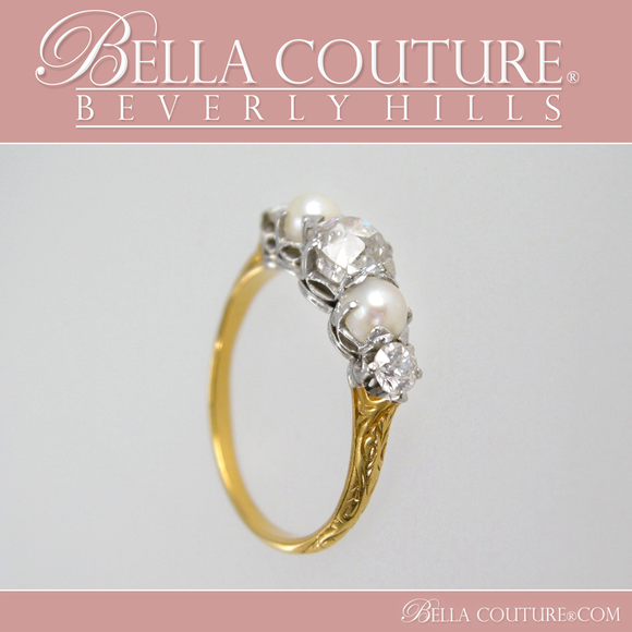 SOLD! - (ANTIQUE) VICTORIAN ANTIQUE .75 CT DIAMOND 14K YELLOW & WHITE GOLD NATURAL PEARL ENGAGEMENT ANNIVERSARY RING BAND - SIZE 6
