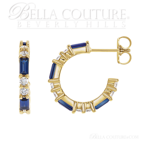 (NEW) BELLA COUTURE® BAGUETTE BLUE SAPPHIRE 14K YELLOW GOLD ROUND GEMSTONE DIAMOND HOOP EARRINGS .50 CTW (1/2 CT. TW.)
