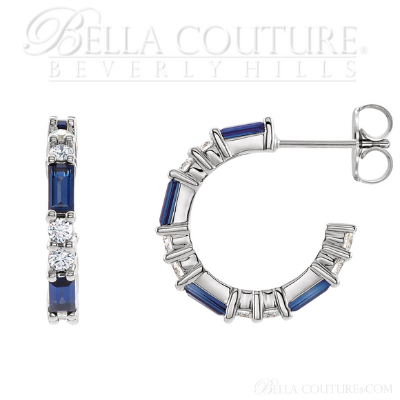 (NEW) BELLA COUTURE® BAGUETTE BLUE SAPPHIRE 14K WHITE GOLD ROUND GEMSTONE DIAMOND HOOP EARRINGS .50 CTW (1/2 CT. TW.)