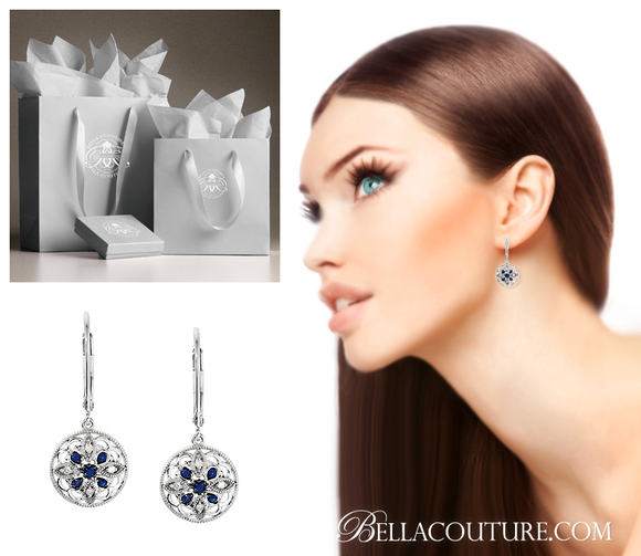 (NEW) BELLA COUTURE® OLIVIA VICTORIAN INSPIRED OPEN FILIGREE DIAMOND GENUINE NATURAL BLUE SAPPHIRE 14K WHITE GOLD GEMSTONE DANGLE DROP LEVER BACK EARRINGS ( .10CT. TW.)