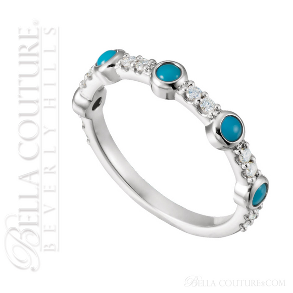 (NEW) BELLA COUTURE® CARINNA 14K WHITE GOLD GENUINE CABOCHON NATURAL TURQUOISE DIAMOND RING BAND (1/2 CT. TW.)