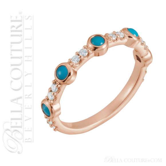 (NEW) BELLA COUTURE® CARINNA 14K ROSE GOLD GENUINE CABOCHON NATURAL TURQUOISE DIAMOND RING BAND (1/2 CT. TW.)