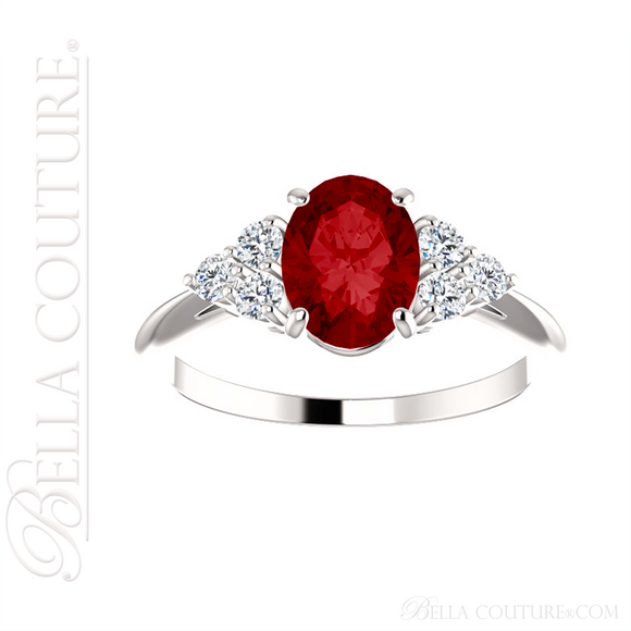 (NEW) BELLA COUTURE® FERRARI Fine Diamond Genuine Oval RUBY Gemstone 14K White Gold Ring