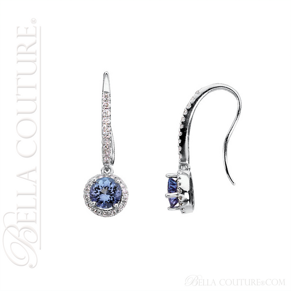 (NEW) BELLA COUTURE LAMOURE Pave Diamond Tanzanite Gemstone 14K White Gold Dangle Drop Earrings (3/8 CT. TW.)