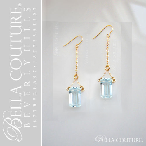 (NEW) JANE BORDEAUX® COUTURE MINKA FINE BAGUETTE CUT AQUAMARINE 14K GOLD DANGLE DROP CHAIN EARRINGS