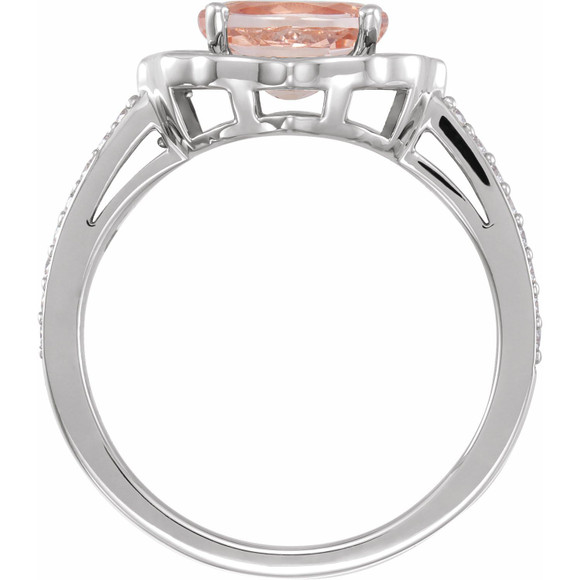 (NEW) BELLA COUTURE FLORINA Fine Elegant Diamond Oval Pink Peach Morganite Gemstone 14K White Gold Ring (1/3 CT. TW.)