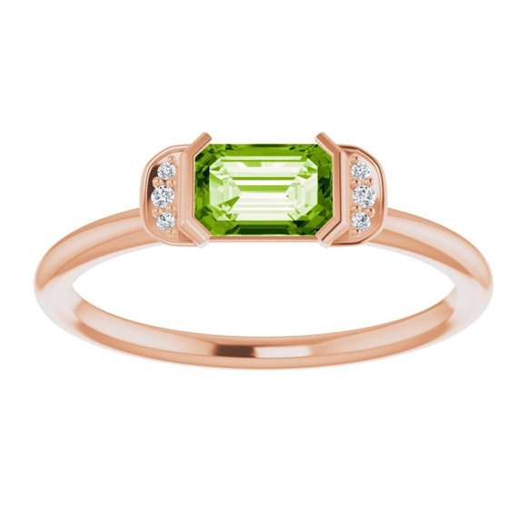 (NEW) BELLA COUTURE LeORA Fine Elegant Diamond Baguette Natural Peridot Gemstone 14K Rose Gold Ring