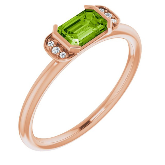 (NEW) BELLA COUTURE LeORA Fine Elegant Diamond Baguette Natural Peridot Gemstone 14K Rose Gold Ring
