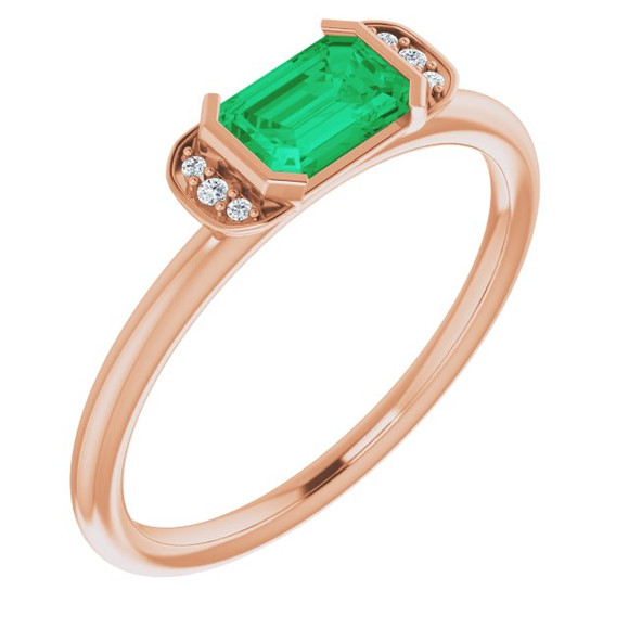 (NEW) BELLA COUTURE LeORA Fine Elegant Diamond Baguette Natural Emerald Gemstone 14K Rose Gold Ring