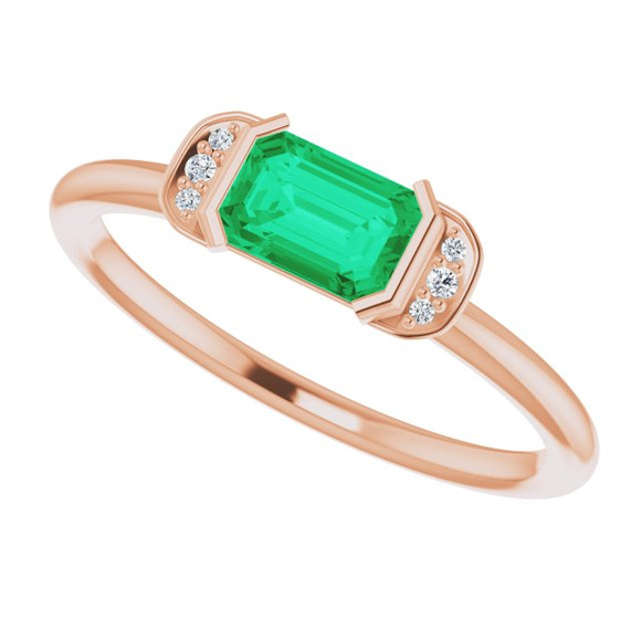 (NEW) BELLA COUTURE LeORA Fine Elegant Diamond Baguette Natural Emerald Gemstone 14K Rose Gold Ring