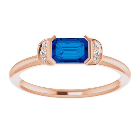 (NEW) BELLA COUTURE LeORA Fine Elegant Diamond Baguette Natural Blue Sapphire Gemstone 14K Rose Gold Ring