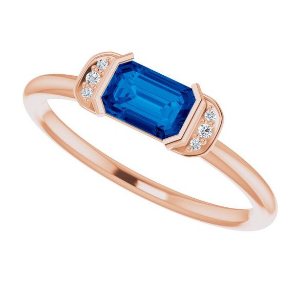 (NEW) BELLA COUTURE LeORA Fine Elegant Diamond Baguette Natural Blue Sapphire Gemstone 14K Rose Gold Ring