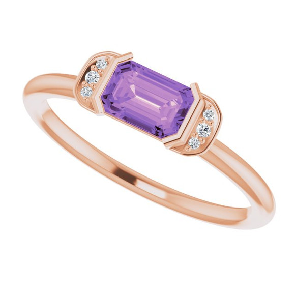 (NEW) BELLA COUTURE LeORA Fine Elegant Diamond Baguette Natural Amethyst Gemstone 14K Rose Gold Ring