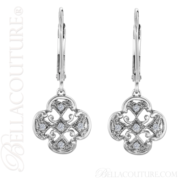 (NEW) BELLA COUTURE HANNAH Gorgeous Fine Quatrefoil Diamond 14K White Gold Filigree Dangle Drop Earrings
