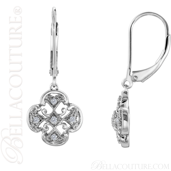 (NEW) BELLA COUTURE HANNAH Gorgeous Fine Quatrefoil Diamond 14K White Gold Filigree Dangle Drop Earrings