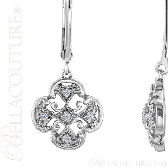 (NEW) BELLA COUTURE HANNAH Gorgeous Fine Quatrefoil Diamond 14K White Gold Filigree Dangle Drop Earrings