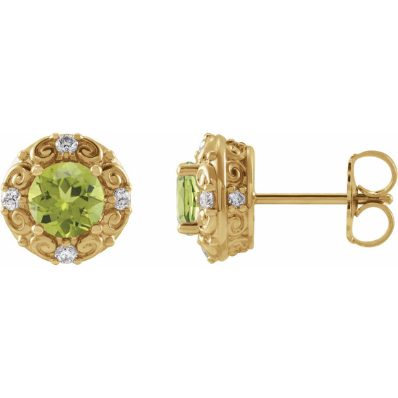 (NEW) BELLA COUTURE ROYA FINE 1/6 CT DIAMOND 5MM .75 CT NATURAL PERIDOT 14K YELLOW GOLD POST EARRINGS