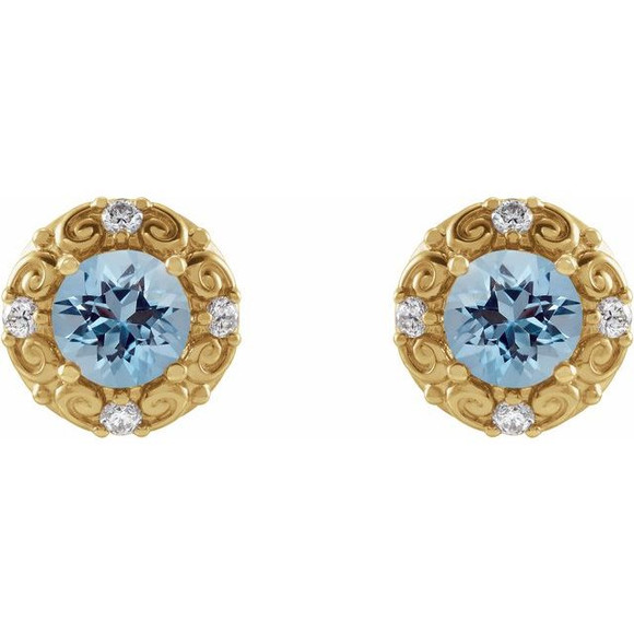 (NEW) BELLA COUTURE ROYA FINE 1/6 CT DIAMOND 5MM .75 CT NATURAL AQUAMARINE 14K YELLOW GOLD POST EARRINGS