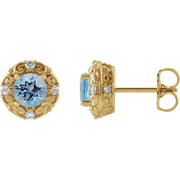 (NEW) BELLA COUTURE ROYA FINE 1/6 CT DIAMOND 5MM .75 CT NATURAL AQUAMARINE 14K YELLOW GOLD POST EARRINGS