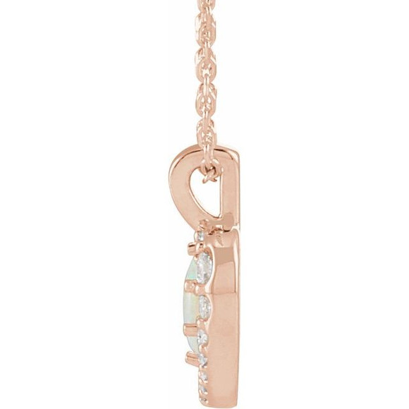(NEW) BELLA COUTURE Lura Heart Fine Diamond Opal Cabochon 14K Rose Gold Dangle Drop Pendant and Necklace (18" 16" Adjustable Length)