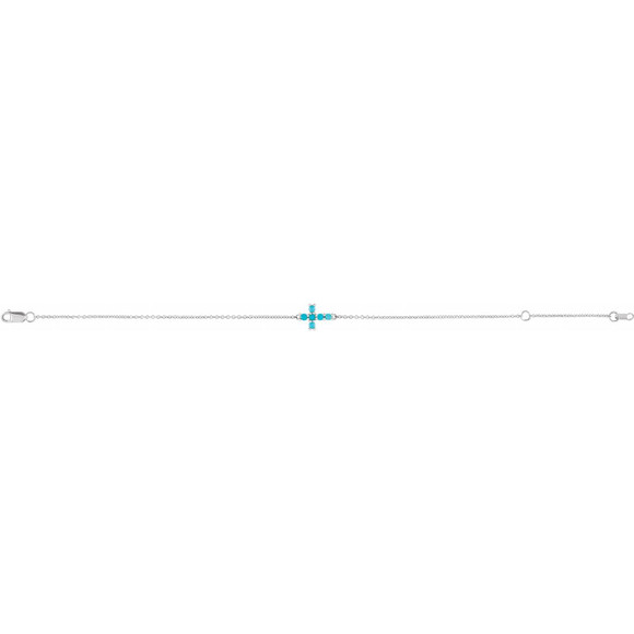 (NEW) BELLA COUTURE Victoriana Sideways Cross Fine Turquoise Cabochon 14K White Gold Charm Bracelet (7.5", 7", 6.5" Adjustable Length)