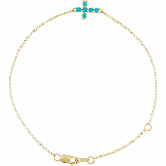 (NEW) BELLA COUTURE Victoriana Sideways Cross Fine Turquoise Cabochon 14K Yellow Gold Charm Bracelet (7.5", 7", 6.5" Adjustable Length)