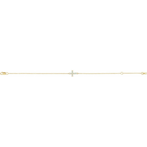 (NEW) BELLA COUTURE Victoriana Sideways Cross Fine Opal Cabochon 14K Yellow Gold Charm Bracelet (7.5", 7", 6.5" Adjustable Length)