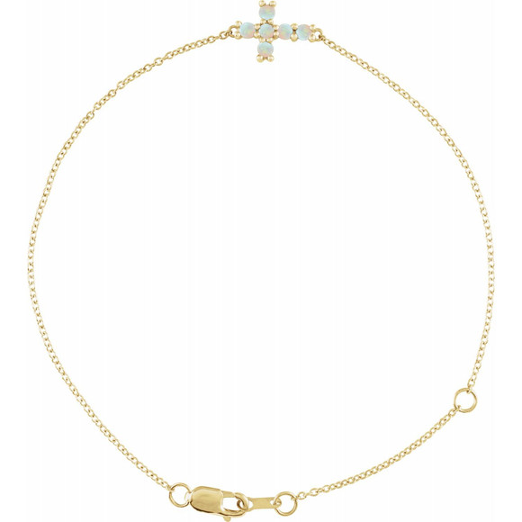(NEW) BELLA COUTURE Victoriana Sideways Cross Fine Opal Cabochon 14K Yellow Gold Charm Bracelet (7.5", 7", 6.5" Adjustable Length)