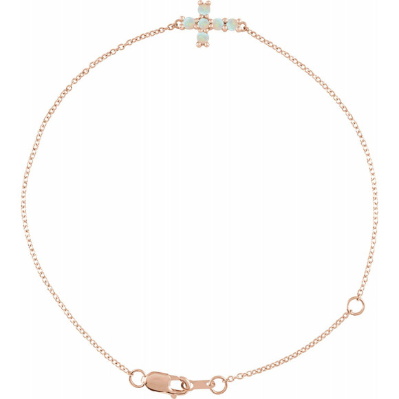 (NEW) BELLA COUTURE Victoriana Sideways Cross Fine Opal Cabochon 14K Rose Gold Charm Bracelet (7.5", 7", 6.5" Adjustable Length)