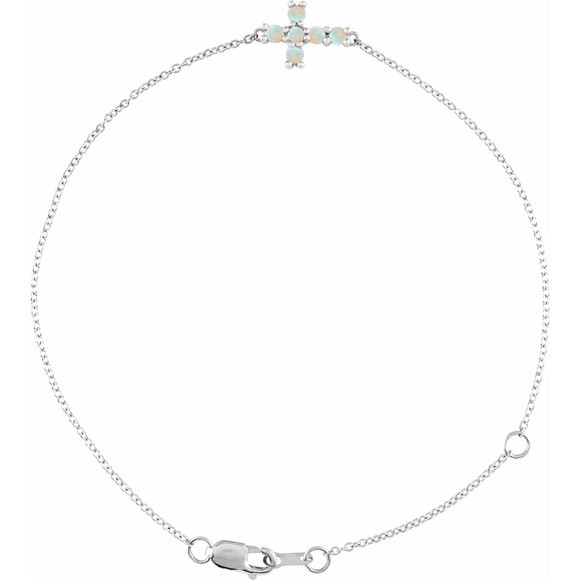 (NEW) BELLA COUTURE Victoriana Sideways Cross Fine Opal Cabochon 14K Rose Gold Charm Bracelet (7.5", 7", 6.5" Adjustable Length)