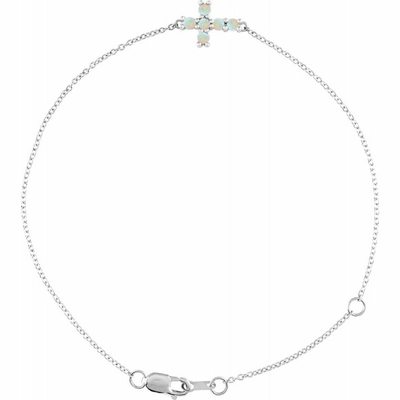 (NEW) BELLA COUTURE Victoriana Sideways Cross Fine Opal Cabochon 14K White Gold Charm Bracelet (7.5", 7", 6.5" Adjustable Length)