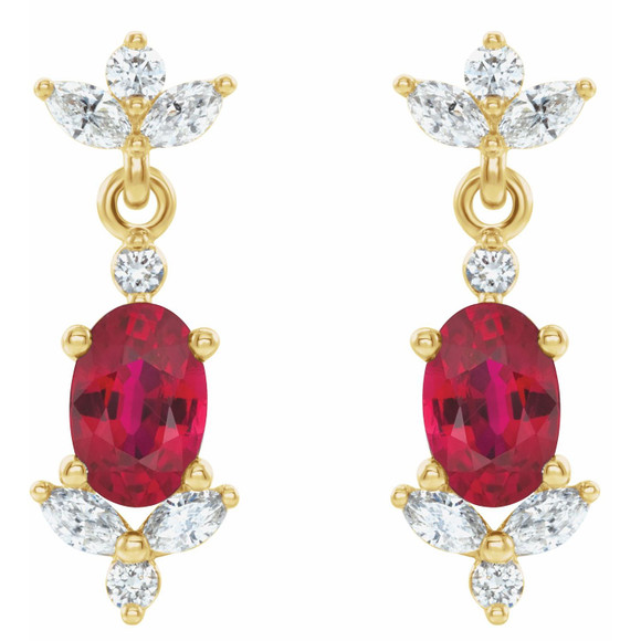 (NEW) BELLA COUTURE® ELLABETA MARQUISE DIAMOND RUBY 14K YELLOW GOLD OVAL GEMSTONE DANGLE DROP EARRINGS (3/8 CT. TW.)