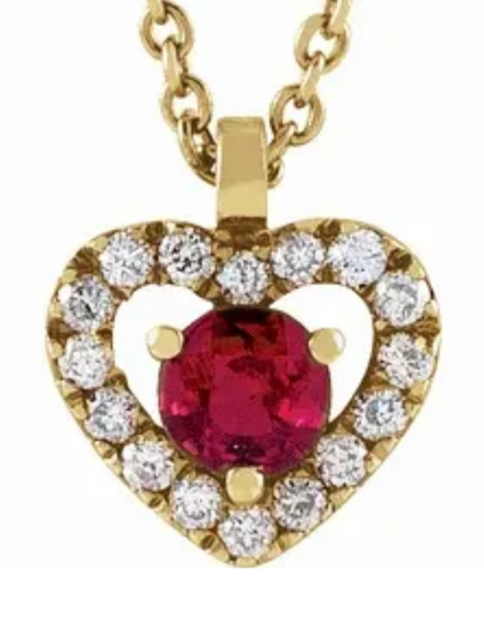(NEW) BELLA COUTURE PURE Heart Fine Diamond Natural Ruby 14K Yellow Gold Dangle Drop Pendant Necklace (18" Length)