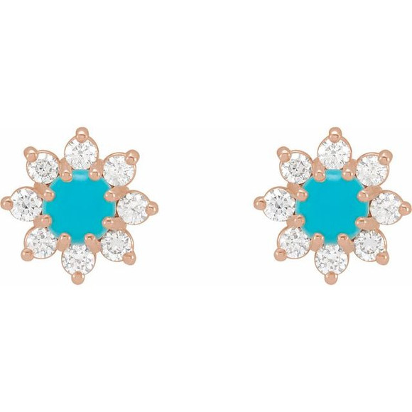 (NEW) BELLA COUTURE® ELLABETTA PETITE DIAMOND CLUSTER AAA+ NATURAL SLEEPING BEAUTY TURQUOISE 14K ROSE GOLD EARRINGS (1/8 CT. TW.)