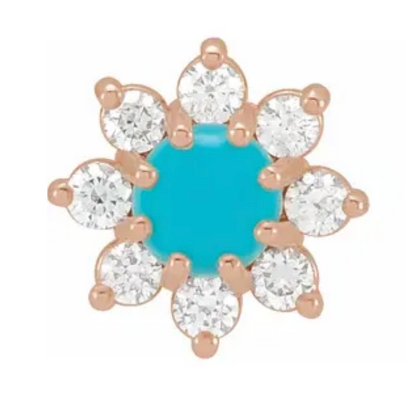(NEW) BELLA COUTURE® ELLABETTA PETITE DIAMOND CLUSTER AAA+ NATURAL SLEEPING BEAUTY TURQUOISE 14K ROSE GOLD EARRINGS (1/8 CT. TW.)