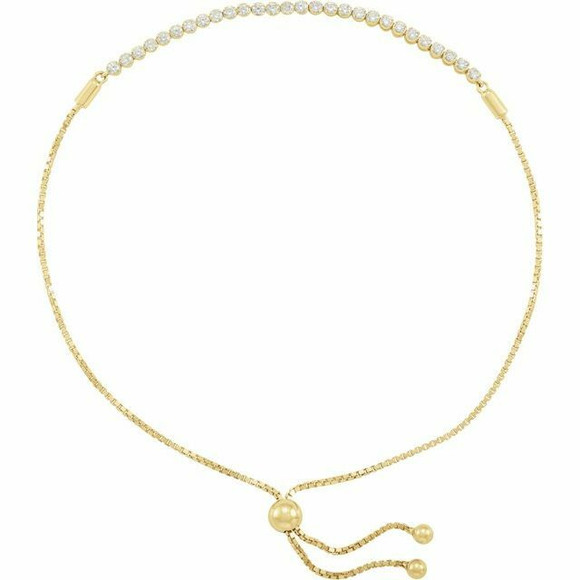 (NEW) BELLA COUTURE BOLLERA 1/2 CT Diamond 14K Yellow Gold Tassel Bolo Chain Bracelet (7.5", 8", 9" Adjustable Length)