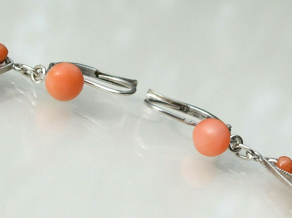 SOLD! - (ANTIQUE) Rare French Dainty Natural Sardinian Coral Victorian Sterling Silver Diamond Shaped Filigree Dangle Drop Earrings Circa 1900s Fine Jewelry
