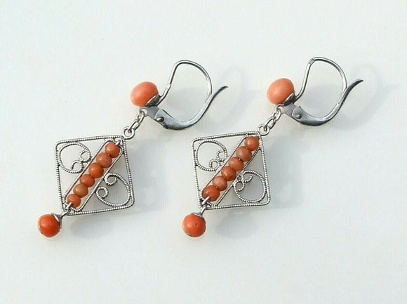 SOLD! - (ANTIQUE) Rare French Dainty Natural Sardinian Coral Victorian Sterling Silver Diamond Shaped Filigree Dangle Drop Earrings Circa 1900s Fine Jewelry
