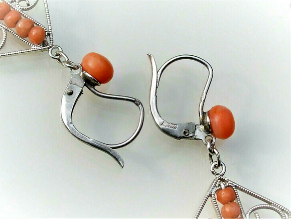 SOLD! - (ANTIQUE) Rare French Dainty Natural Sardinian Coral Victorian Sterling Silver Diamond Shaped Filigree Dangle Drop Earrings Circa 1900s Fine Jewelry