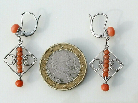 SOLD! - (ANTIQUE) Rare French Dainty Natural Sardinian Coral Victorian Sterling Silver Diamond Shaped Filigree Dangle Drop Earrings Circa 1900s Fine Jewelry