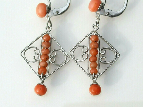 SOLD! - (ANTIQUE) Rare French Dainty Natural Sardinian Coral Victorian Sterling Silver Diamond Shaped Filigree Dangle Drop Earrings Circa 1900s Fine Jewelry