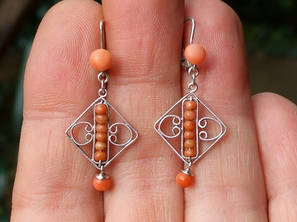 SOLD! - (ANTIQUE) Rare French Dainty Natural Sardinian Coral Victorian Sterling Silver Diamond Shaped Filigree Dangle Drop Earrings Circa 1900s Fine Jewelry